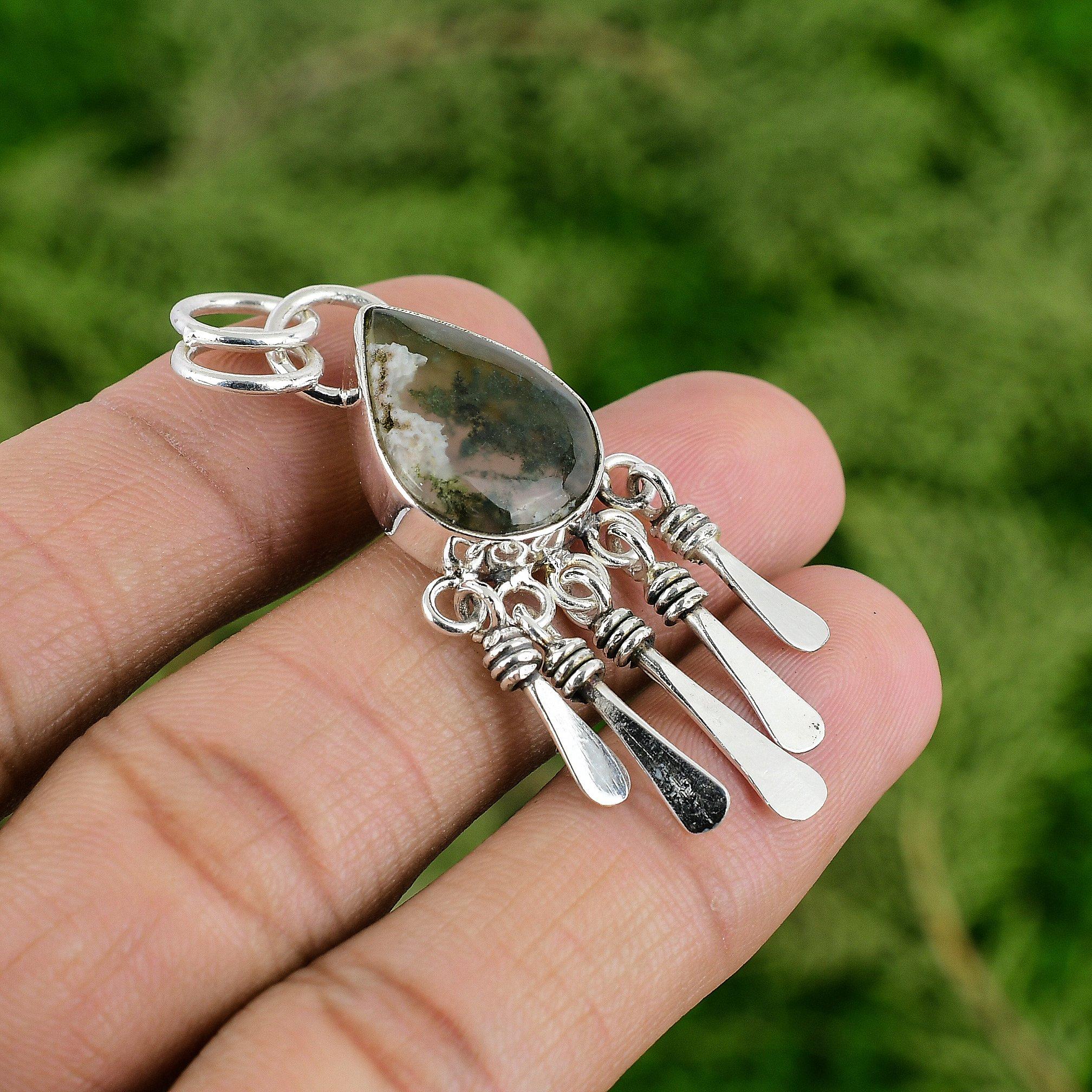 

Daughters Day Deal Pear Solar Moss Agate Stone Pendant Jewelry Sterling Silver