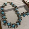 Vintage Blue Turquoise Zircon Bow Necklace Medieval Metal Old Clavicle Chain Diamond Turquoise Earrings Women