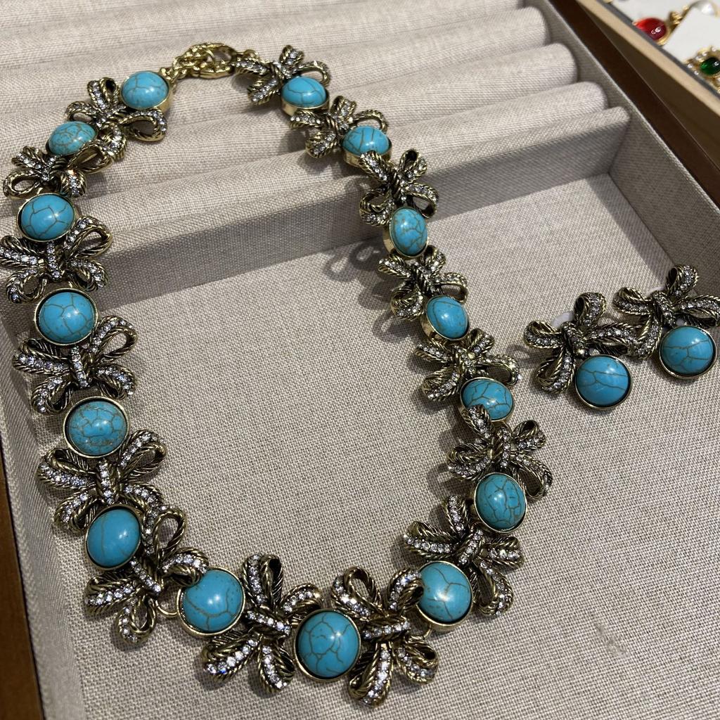 Vintage Blue Turquoise Zircon Bow Necklace Medieval Metal Old Clavicle Chain Diamond Turquoise Earrings Women