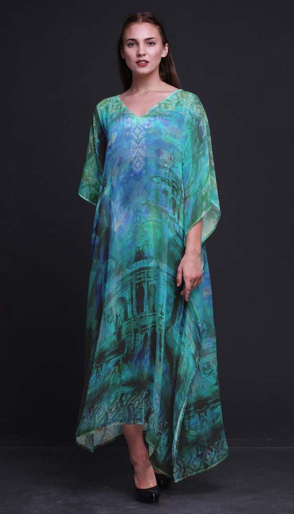 Phagun Mughal Monuments Long Caftan Maxi Dress Beach Swimwear Cover up Womens