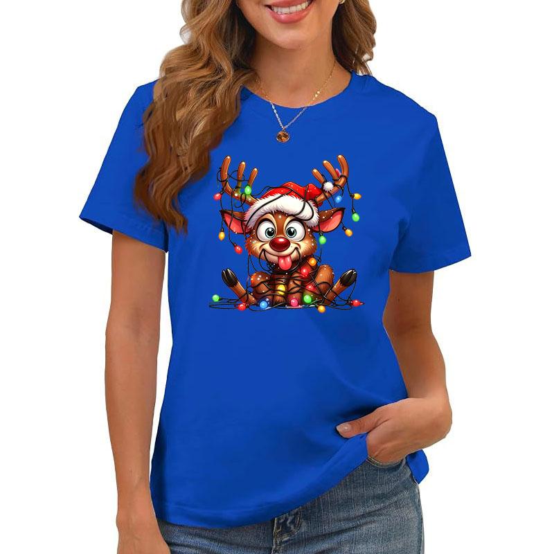 Women Cute Reindeer Christmas Lights Graphic Tshirt Funny Santa Hat Deer Printed Short Sleeve Tops Xmas Holiday Casual Tee Gift