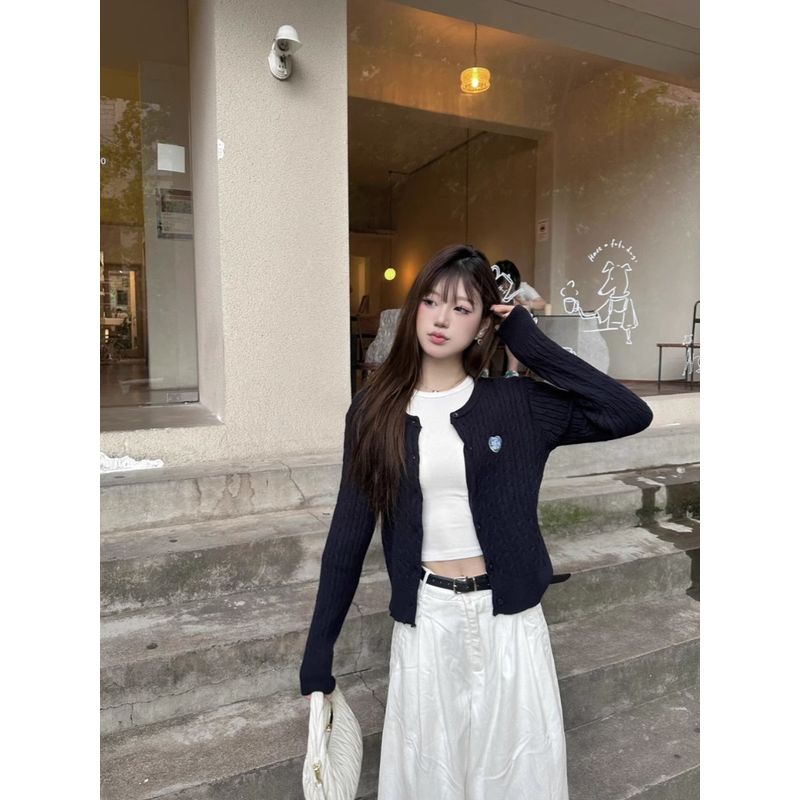 

Dark Blue Cable Stitch Fancy Korean Style Unique Knitwear Navy M