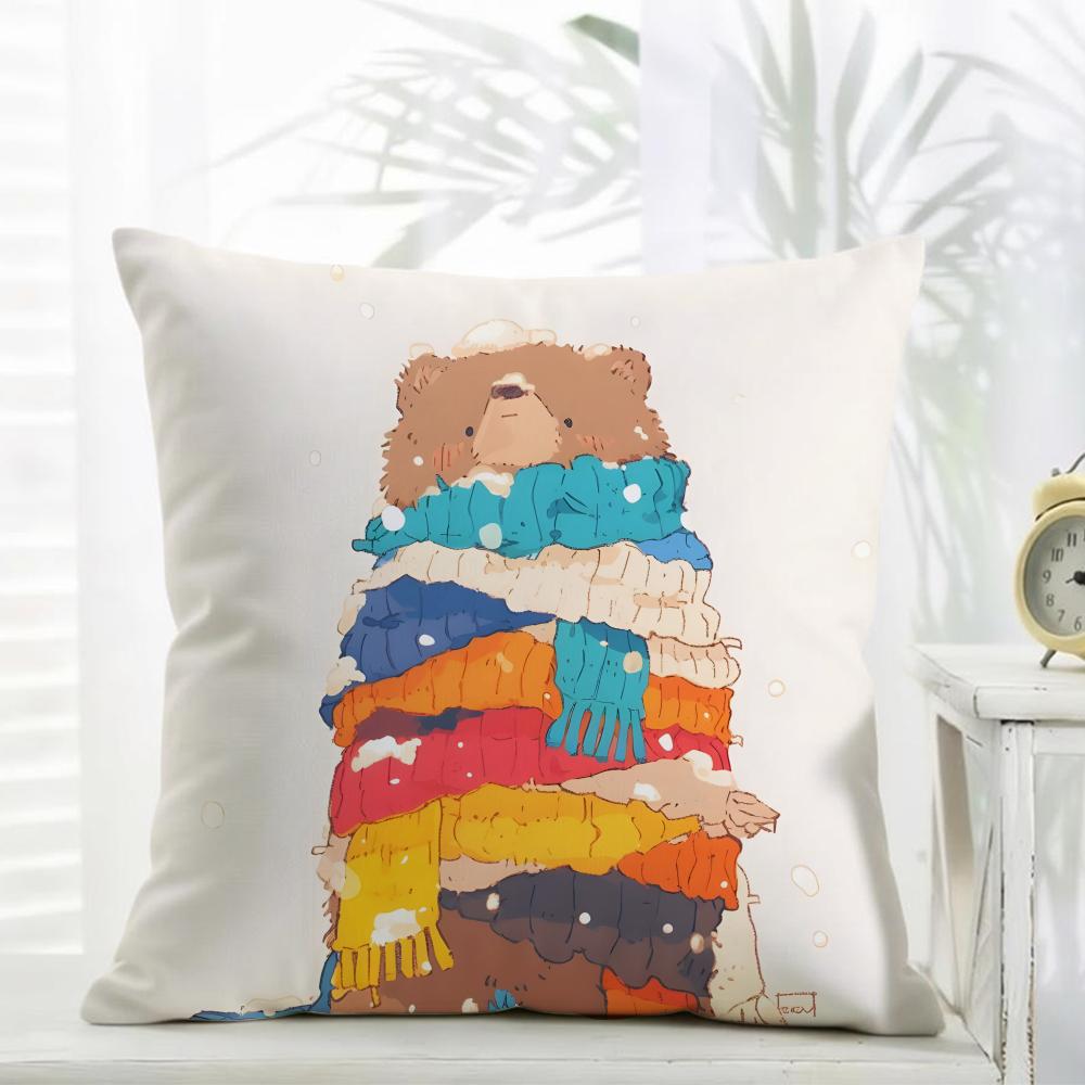 C-Christmas Snowman Bear Pillow Cute Cushion Cover Daily Washable Linen Pillowcase Soft For Sofa Bed Home Room Decor