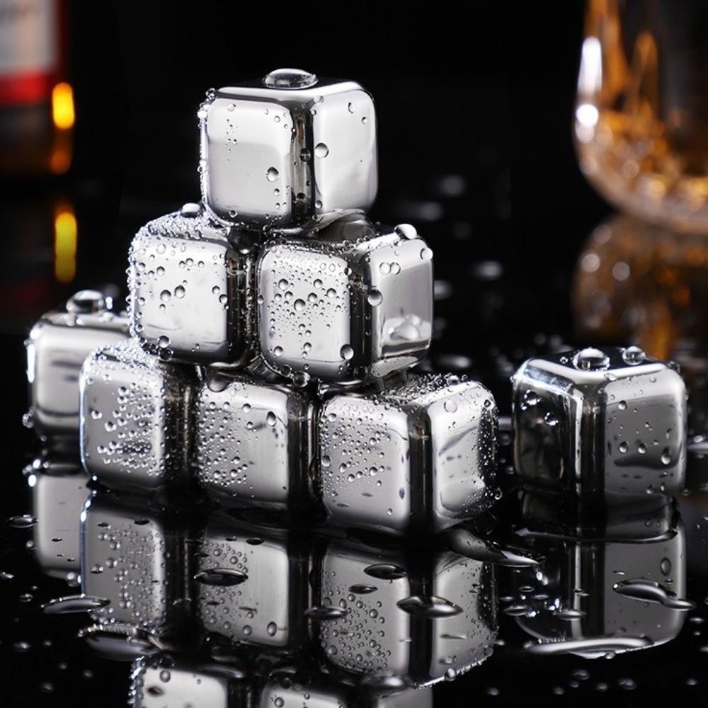 4/6/8pcs Set 304 Stainless Steel Ice Cubes Reusable Quick-Freeze Cooling Rock with Clip Odorless Bar Tool for Beer Whiskey