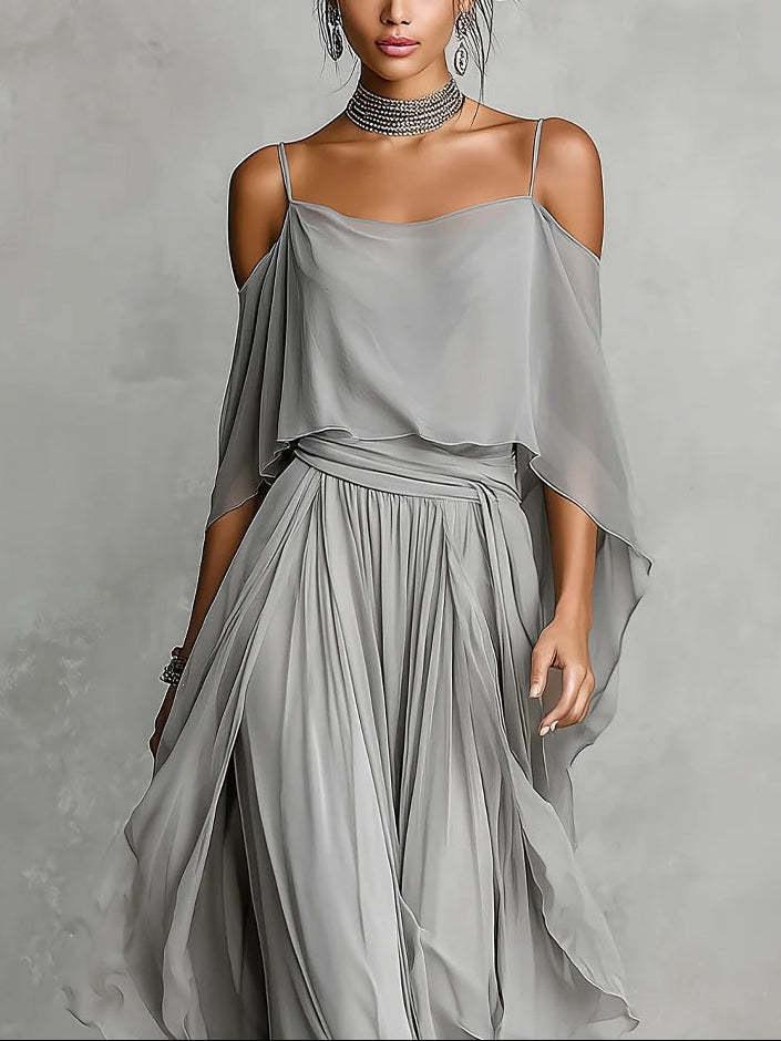 DM092 Amazon Unabhängige Station 20206 Neues Träger-Off-Shoulder Elegantes Blusenoberteil mit Chiffon Asymmetrisch Lang