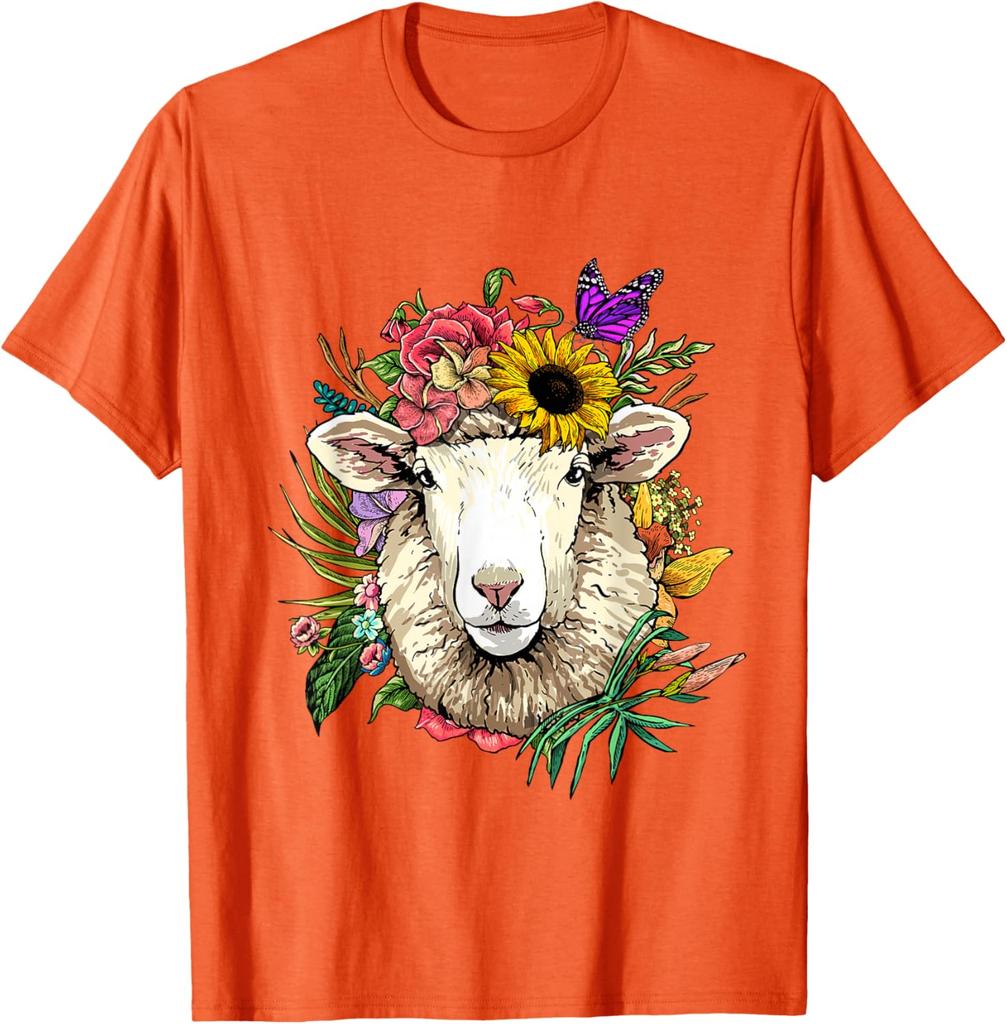 Blumen Schafskopf Kranz T-Shirt Tierliebhaber Bauernhof Grafik T-Shirt Frühling Sommer Freizeit