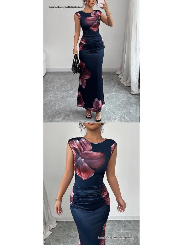 European & American Sleek Sleeveless Printed Bodycon Sheath Dress
