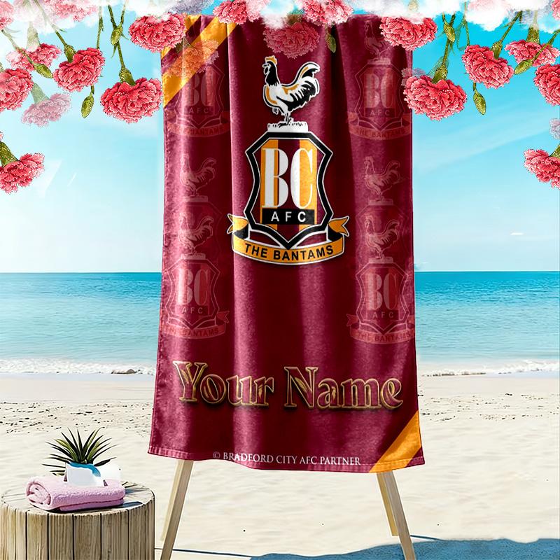 Name Custom Bradford City FC Print Beach Towel, Large Soft Quick Dry Towel for Beach Camping Swimming