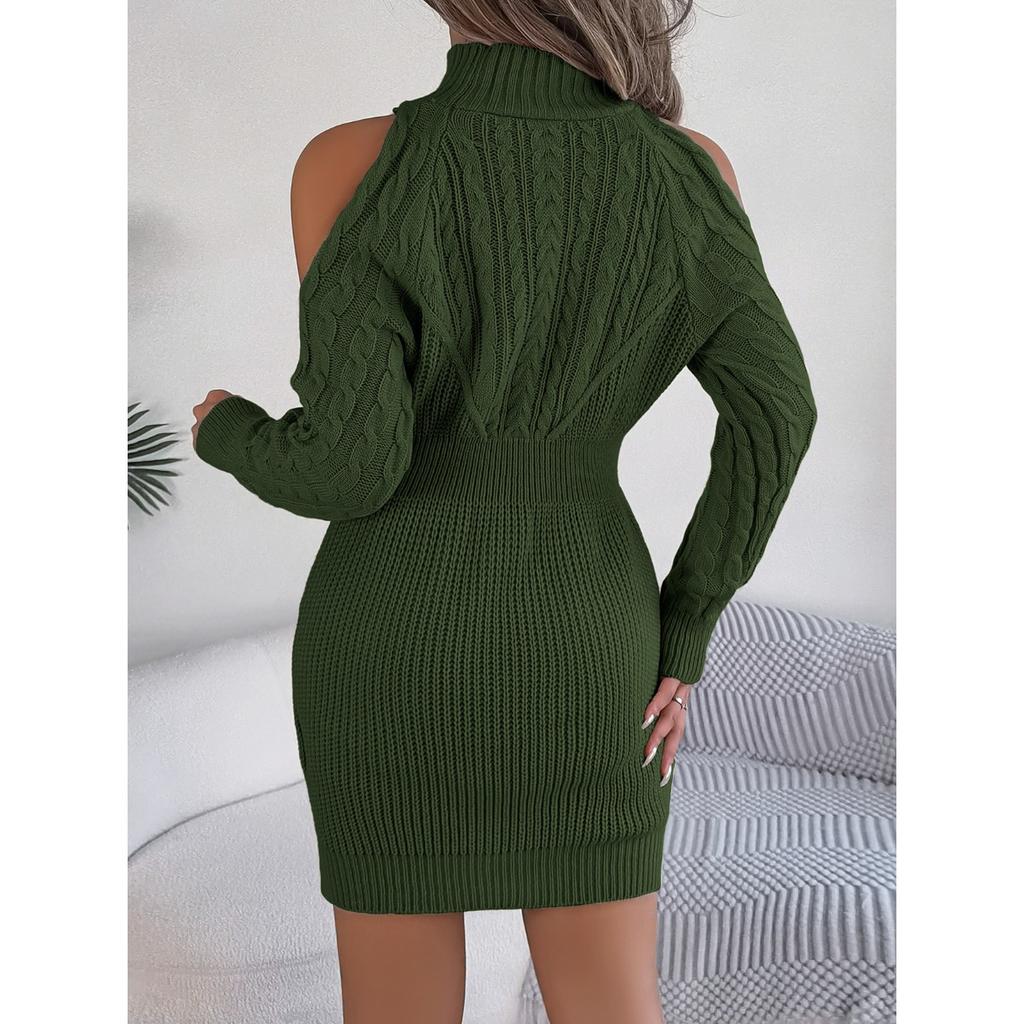 QICED Autumn and Winter Casual Off-the-shoulder, Semi-high Neck, Twisted Lantern Sleeve, Hip-hugging Fur Dress for Women