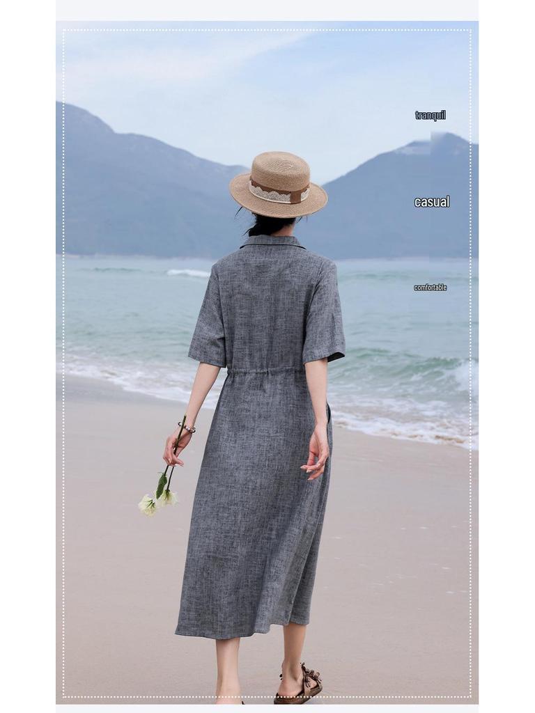 Elegant Summer Linen A-line Dress for Women - Fried Color Lapel, Lyocell Belted, Shirt Style