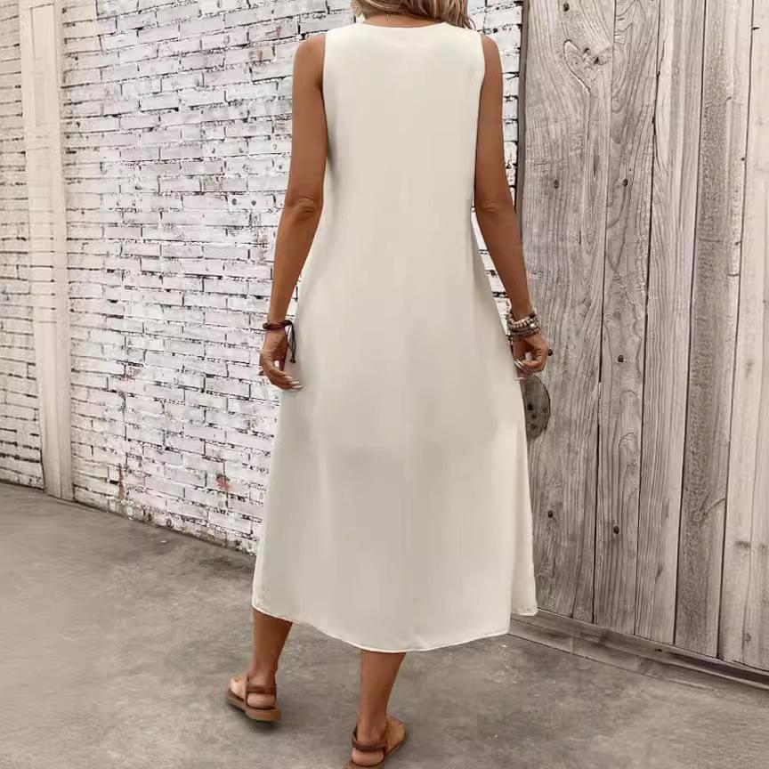 GMXIA Women's Dresses Solid Colour Sleeveless V-Neck Lace Loose Waist Long Dresses