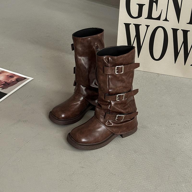

Thick-soled trouser tube boots women s versatile design sense 2025 autumn and winter new belt buckle medium tube stacking boots western cowboy boots 40 коричневый