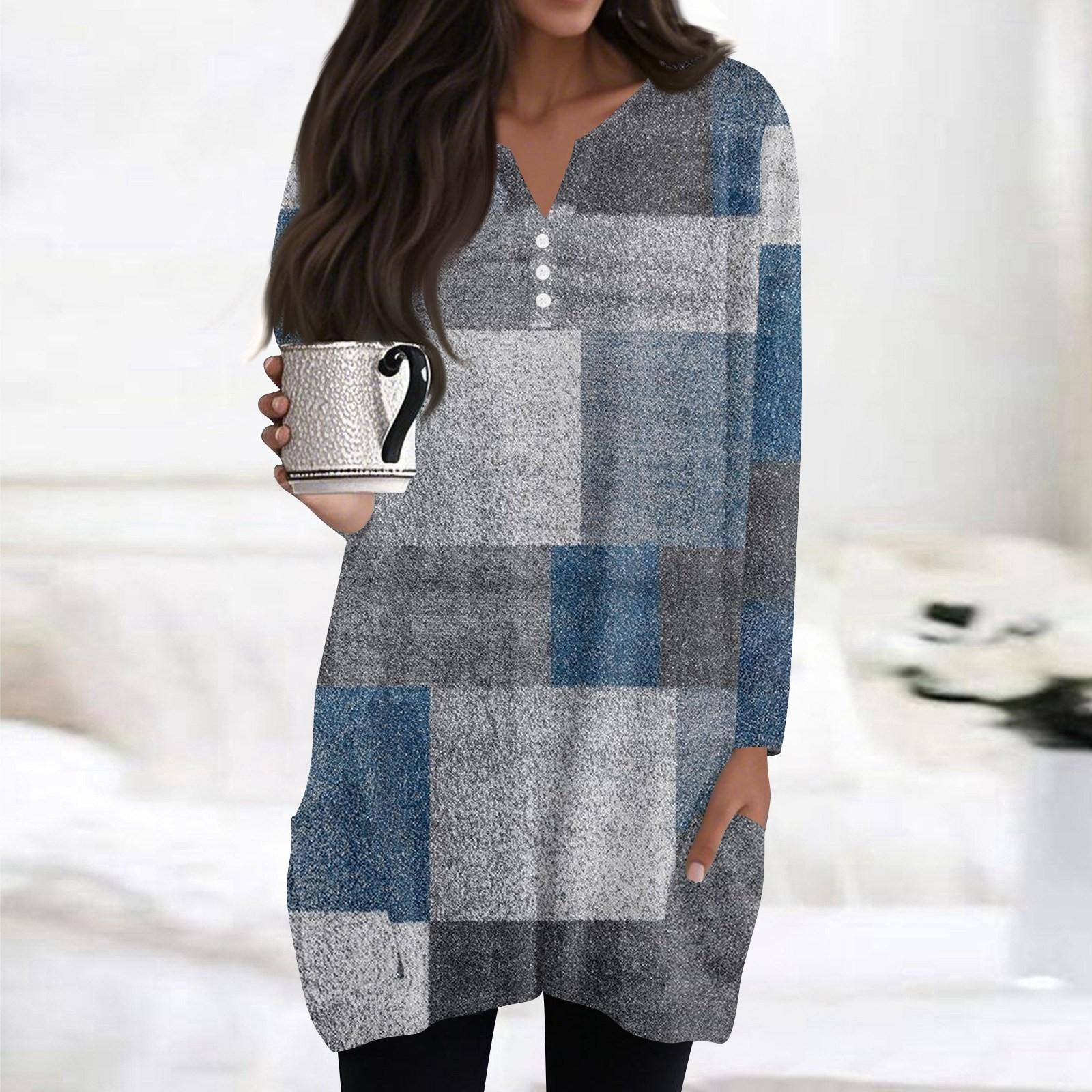 

Женские топы V-образный вырез пуговицы длинный рукав блузки повседневные средней длины рубашки модный принт туника топы с карманами XL