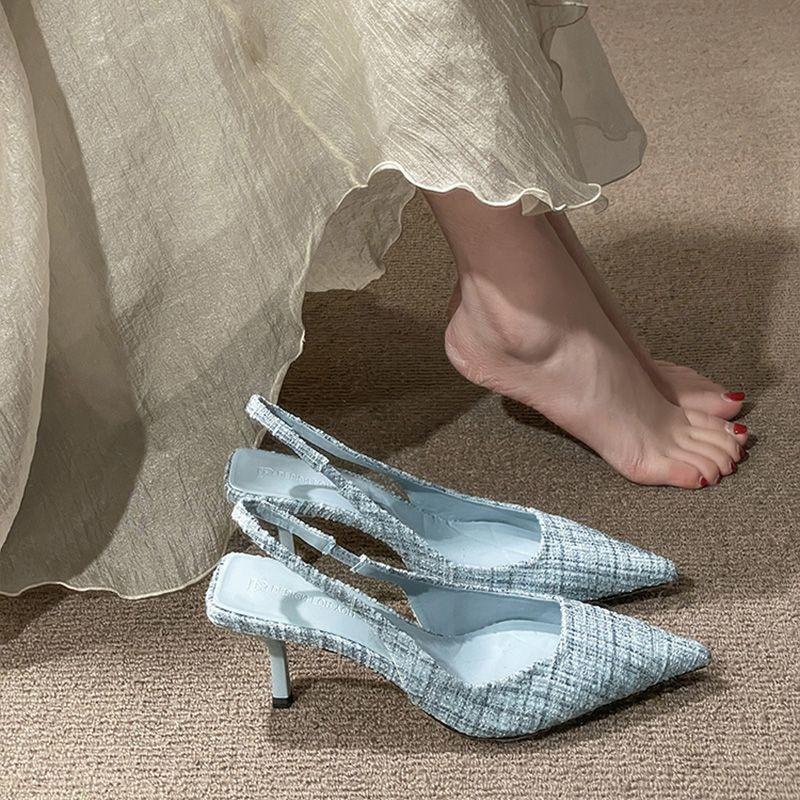 Sea Salt Blue Temperament Bag Head Sandals Spring and Summer Thin Heel Pointed Back Empty Single Shoes