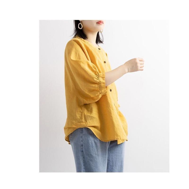 Summer Cotton Shirt Women's Lantern Sleeve Retro Blouse Large Size Loose Mid-sleeved Shirt Women