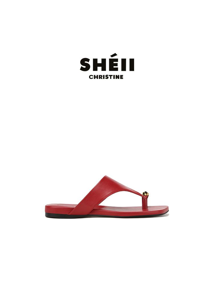 Sheepskin Su Yinyin Small Gold Buckle Slippers Women's Summer Wear Square Head Cover Toe Holiday Beach Flat-bottomed Herringbone Cool Slippers