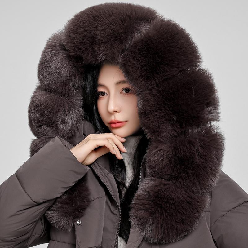 Dam Vinter Långa Kappor Med Huva Stor Fuskpäls Krage Elegant Tjock Varm Vinterparkas Kvinnlig Jacka Med Bälte