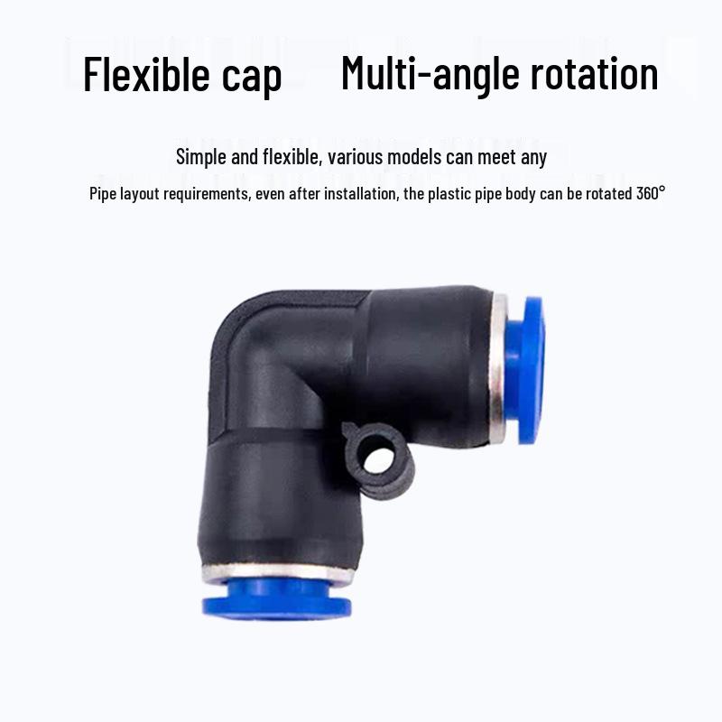 Pneumatic Air Tube Connector: PU8 Straight, PV10 Right-Angle Elbow, Quick-Insert, Butt Joint, Blue Plastic, PG6-4 Reducer.
