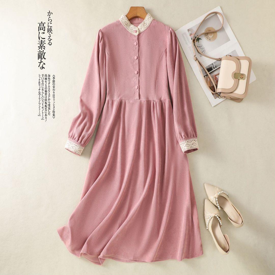 

French Corduroy Dress Women s Spring and Autumn High-end Retro Temperament Waist Long Sleeve Mori Gentle Long Dress M розовый
