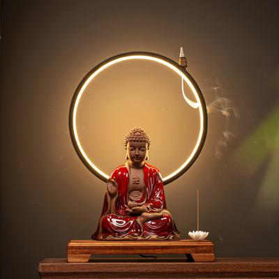 Lámpara de anillo de decoración de estatua de Buda estilo chino, Sakyamuni de cerámica, decoración creativa para vestíbulo e inspirada en Zen para salones