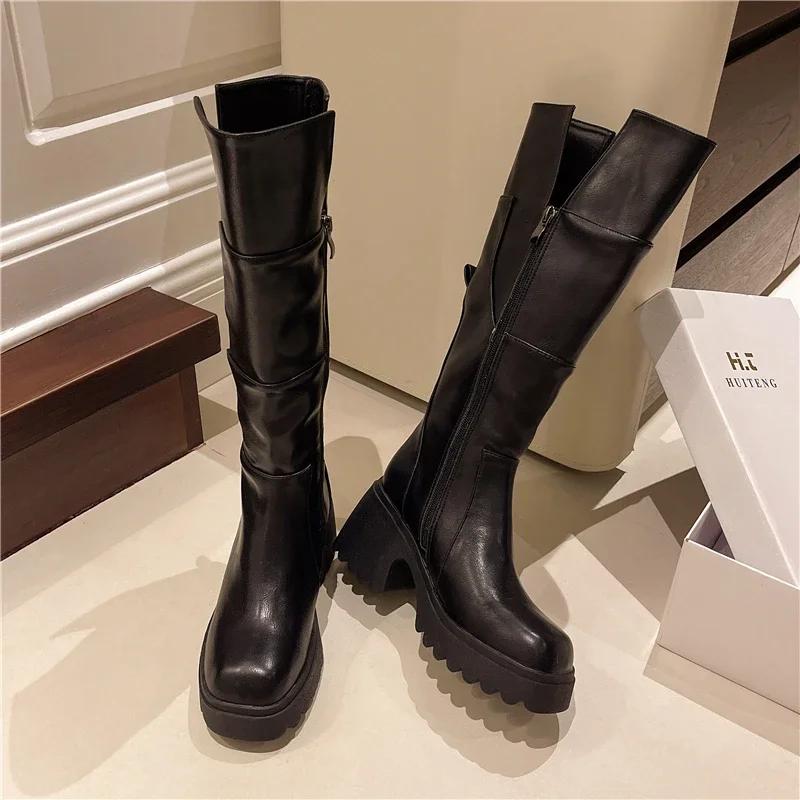 

Сапоги на платформе до колена, женские туфли на высоком каблуке, челси, массивные, тренд 2024 года, зимние новые сапоги для снега, теплые кожаные туфли-лодочки Zapatos Mujer 35