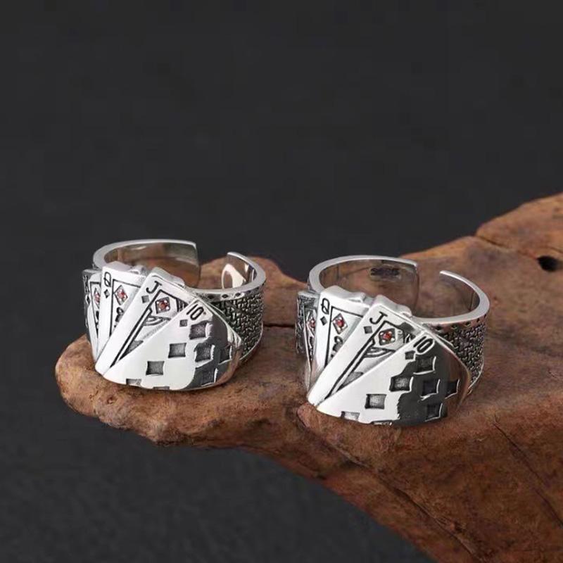 Retro Royal Flush Poker Ring For Men Punk Gothic Rock Hiphop Open Ring Unisex Accessories Handmade Designer Jewelry Lover Gift
