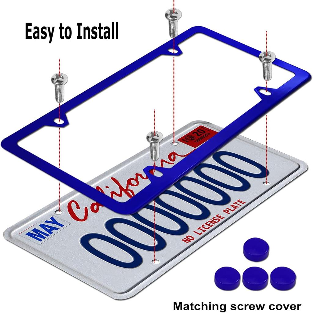 Blue License Plate Frames- Aluminum Front & Rear Car Tag Covers for Men Women, 2 Pack 4 Hole Thin Slim Holders with Mounting Hardware Kit- Screws,