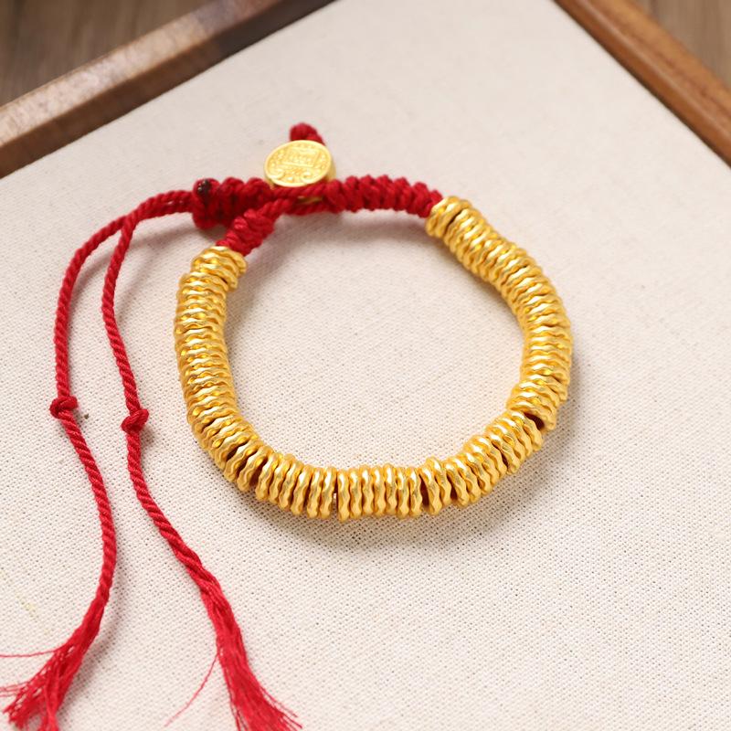 Ancient sand gold hammer pattern coiling bracelet yellow God of Wealth five emperors money red rope woven bracelet men's and women's retro hand rope