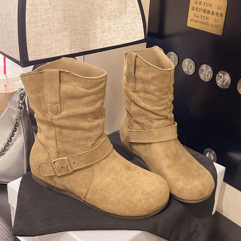 Retro pleated piled boots women's autumn new velvet warm short boots temperament versatile Martin boots