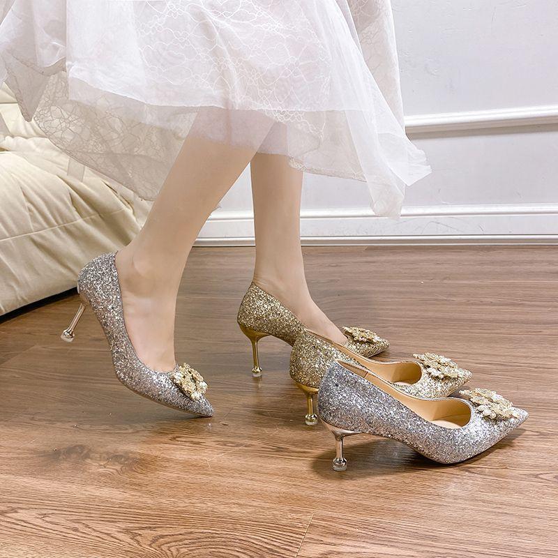 Bridesmaids are not tired of engagement, high heels, champagne high heels, French wedding shoes 2025 spring and autumn new two-wear dress