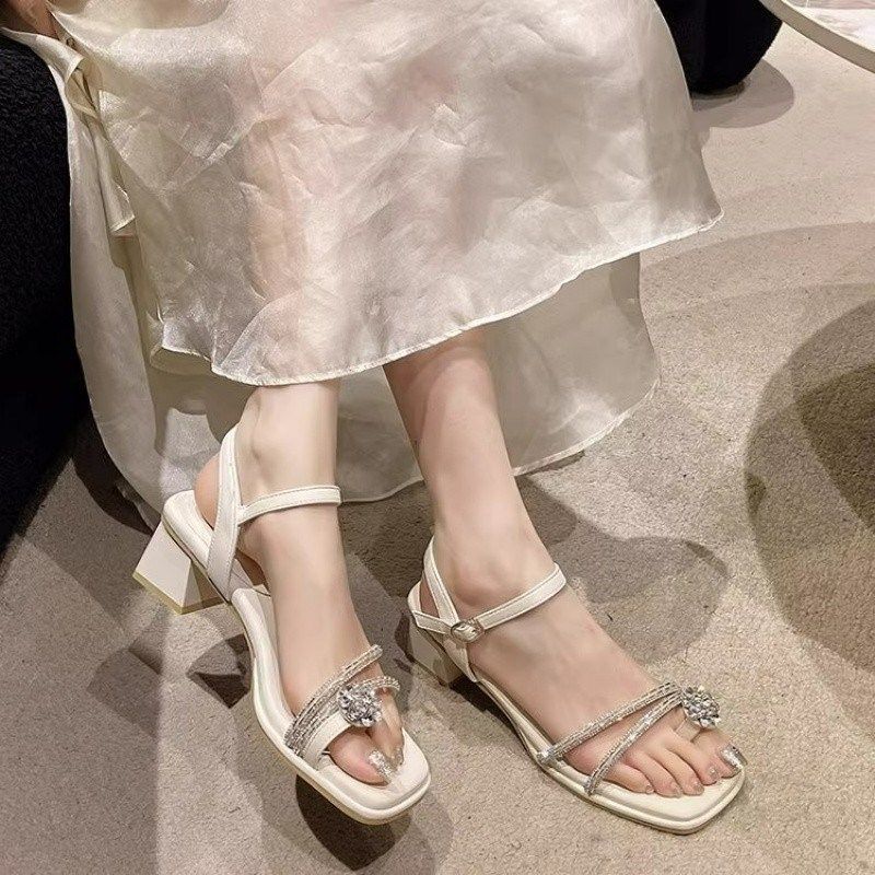 Summer Thick-Heeled Sandals Women'S Rhinestone Outer Wear Versatile Middle-Heeled Fairy Wind Word With Middle-Heeled Sandals