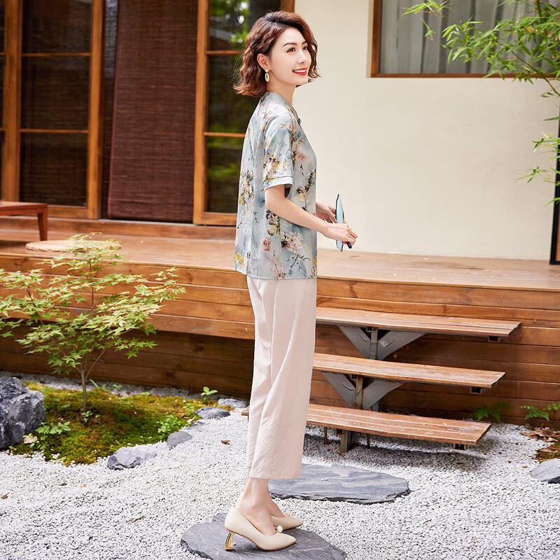 Pasite Women's Summer Chinese Style Floral Print Two-Piece Set