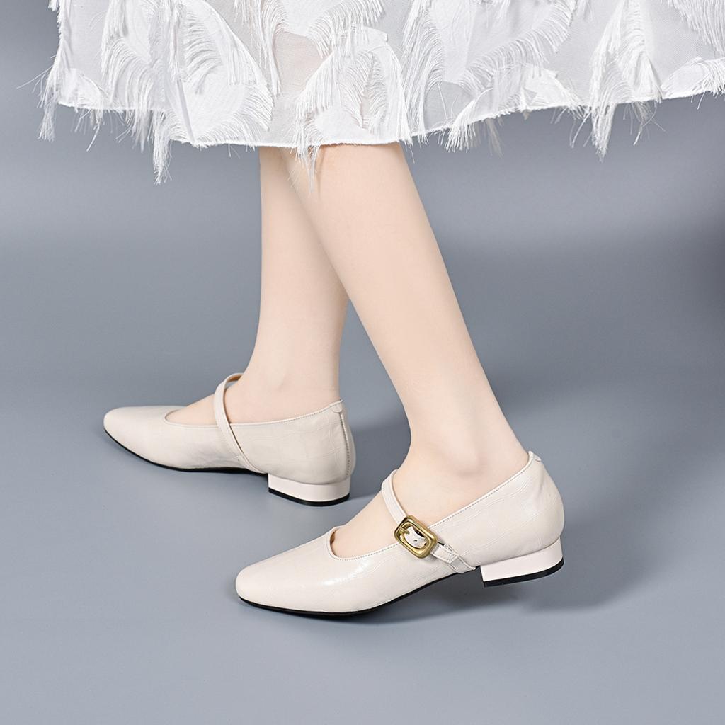 Mary Jane Shoes Women's 2025 Spring Korean Version of Square Head Plaid Cowhide One-word Buckle Shallow Mouth Flat Shoes Comfortable Loafers