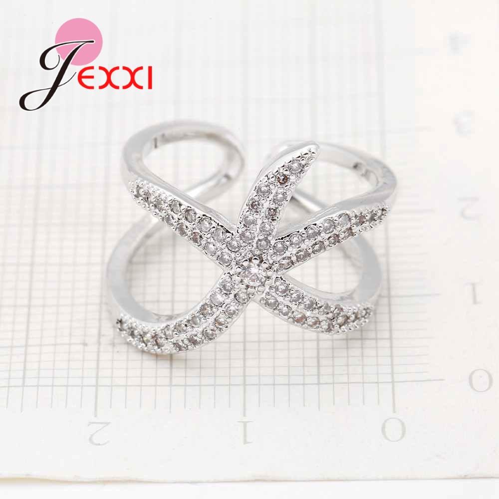 Newest Original 925 Sterling Silver Adjustable Ring Big Starfish Paved Shiny White Crystals Opening Rings Women Accessory