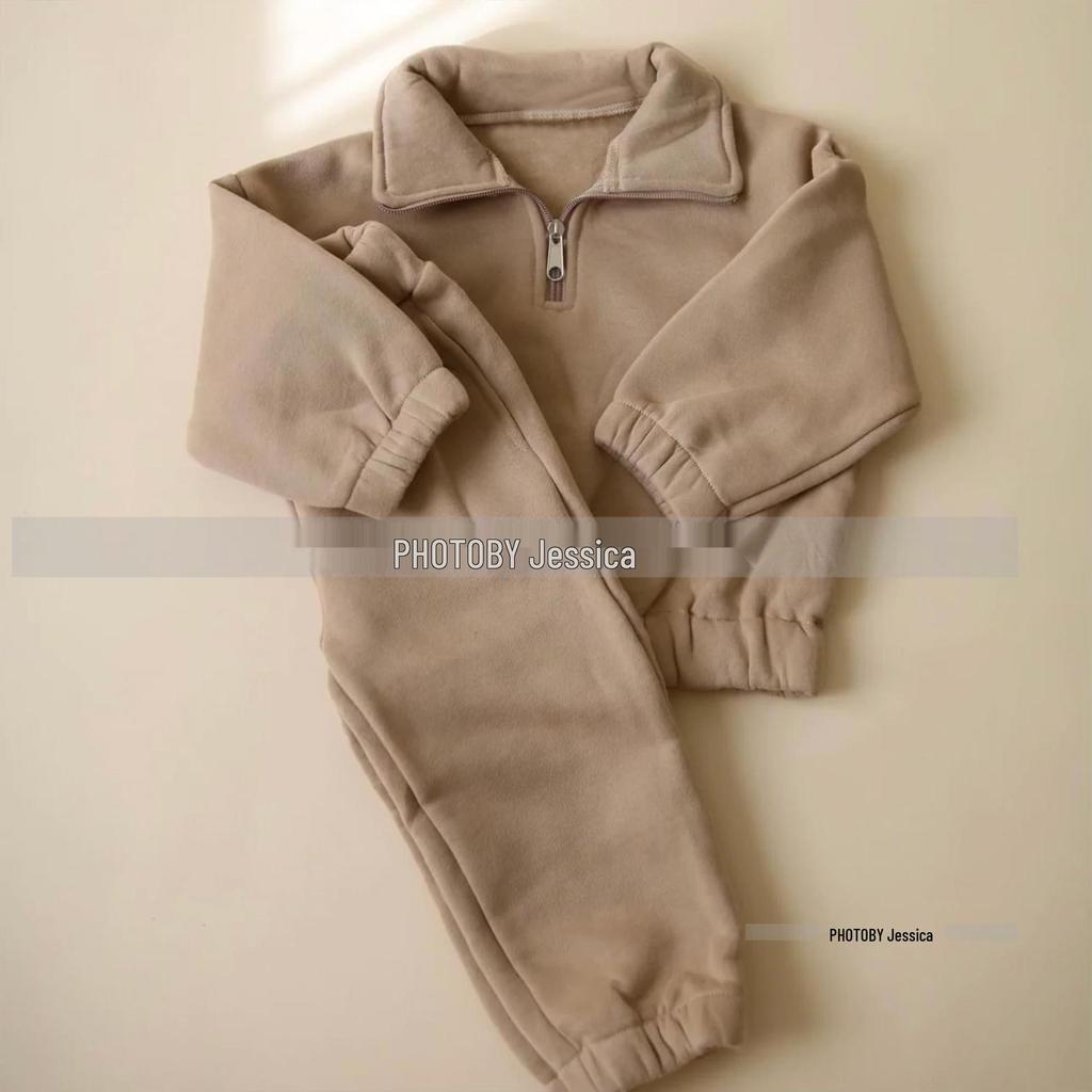 Korean Style Winter Fleece Set: High Neck Half-Zip Top & Joggers for Boys and Girls