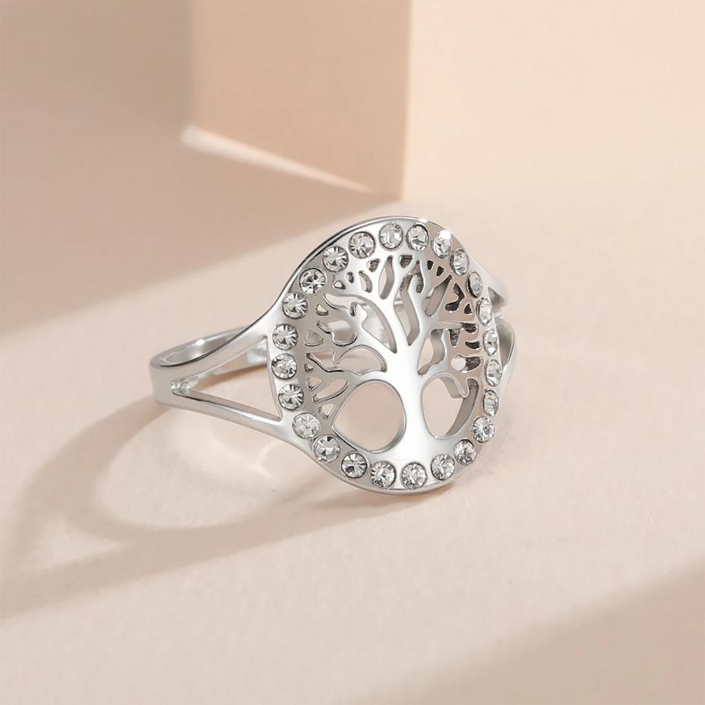 Teamer Tree of Life with Clear Zircon Ring Adjustable Stainless Steel Finger Ring for Women Girls Exquisite Amulet Jewelry