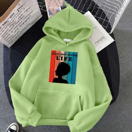 Women Autumn Winter Plush Thickened Hoodie Hooded Ladies Printed Oversize Loose Long Sleeves Pullover Sweatshirt