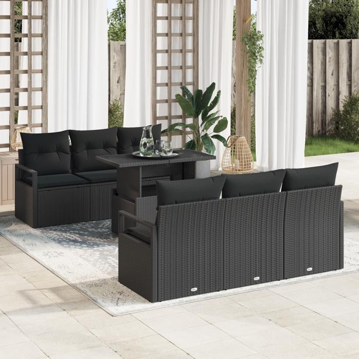 Ensemble de Canapés de Jardin de 7 Pièces avec Coussins Noir Poly Rattan, Canapé de Jardin 2 Places avec Coussins Noir Poly 3348749
