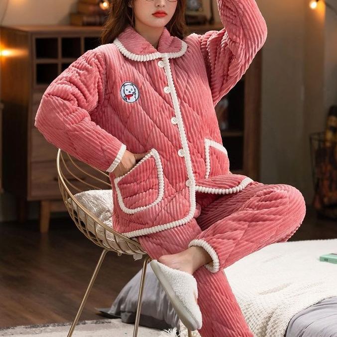 Süße warme wattierte Baumwolle kann draußen getragen werden dreilagiger Pyjama Damen Winter Loungewear verdickt saisonal große Größe