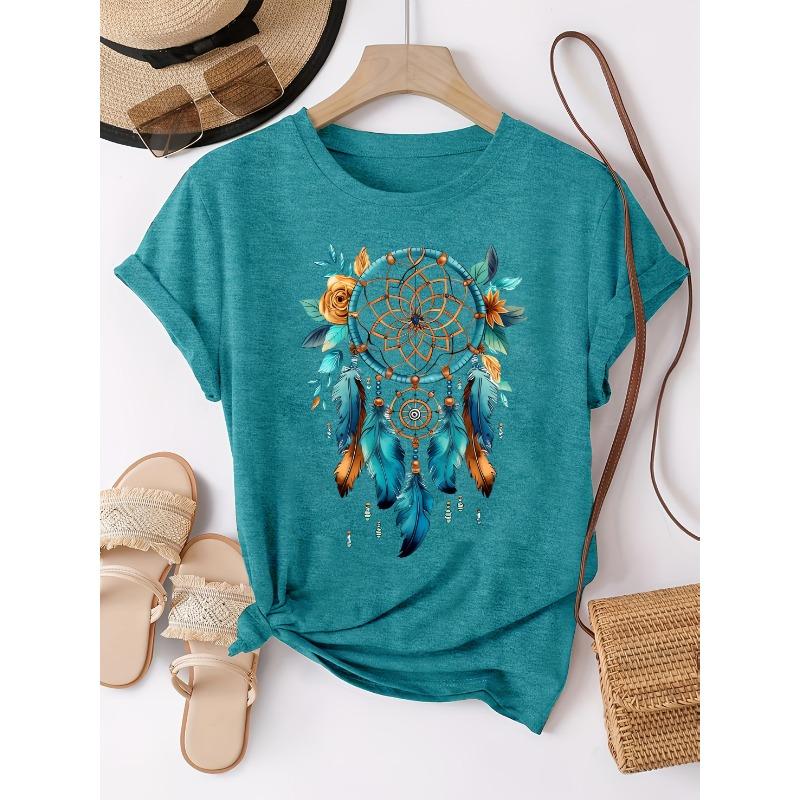 

Women s bohemian dream catcher floral print T-shirt casual loose round neck short-sleeved top suitable for summer vacation and daily wear XL
