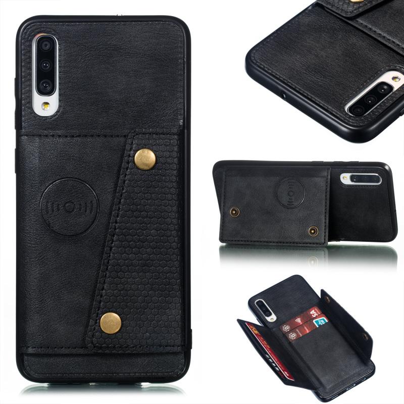 

For Samsung A70 Double Buckle Non-slip Shockproof Cell Phone Case with Card Slot Bracket чорний