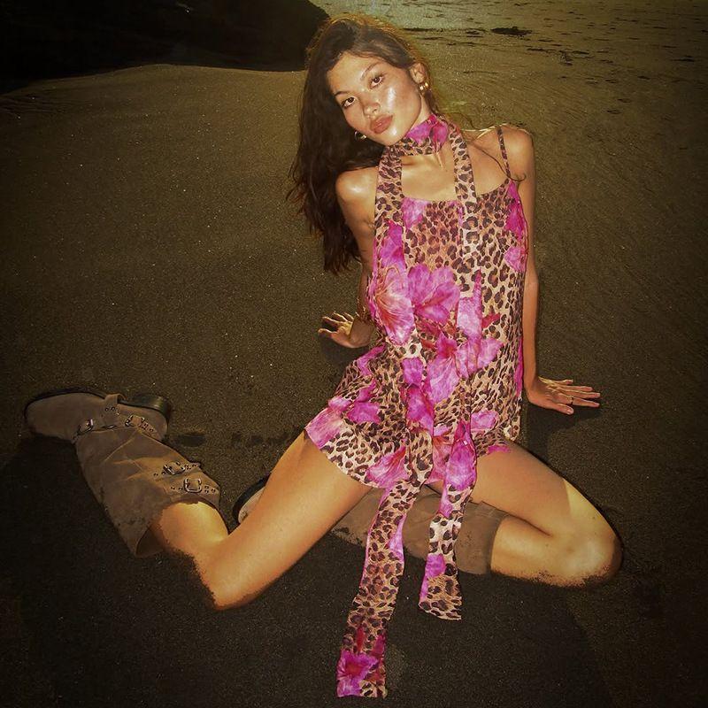 

Pink Dress Cross-Border New Arrival Summer Short Skirt Women Sexy Waist Trimming Suspender Skirt Leopard Print Print Dress Women Pink L