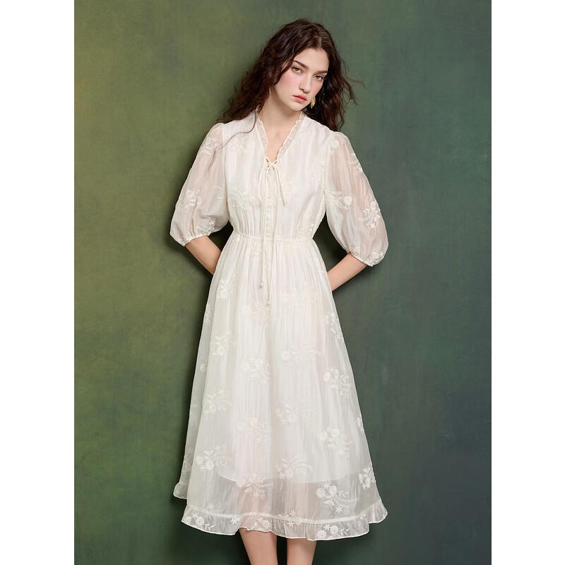 

Sancai 2025 Spring Embroidered Lyocell V-Neck 3/4 Sleeve Long Dress XL