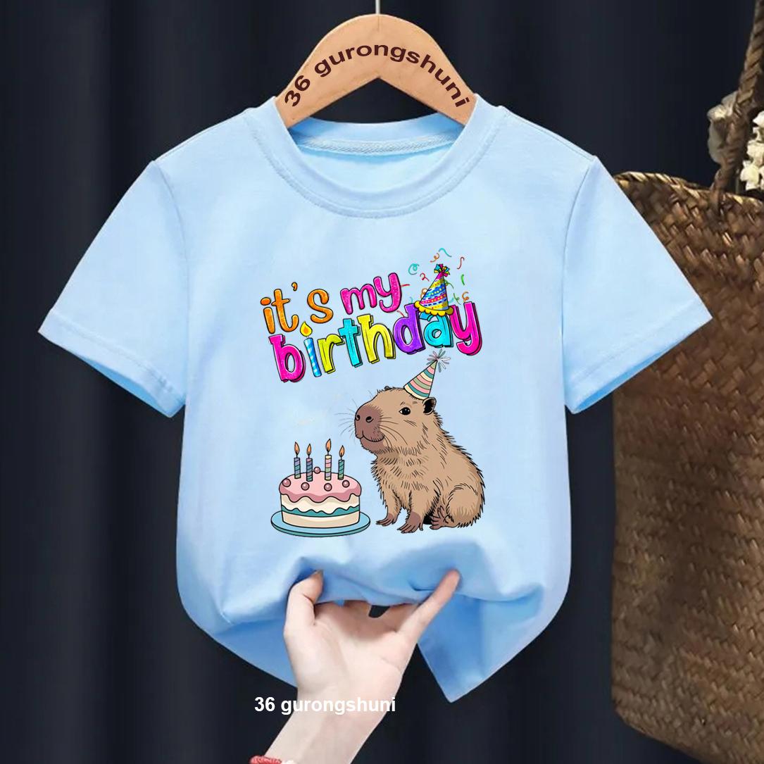 

Футболка с принтом «Акварель, это мой день рождения» с изображением капибары для девочек/мальчиков, забавный подарок на день рождения, детская одежда, футболка Harajuku Kawaii для студентов 5T(120cm)