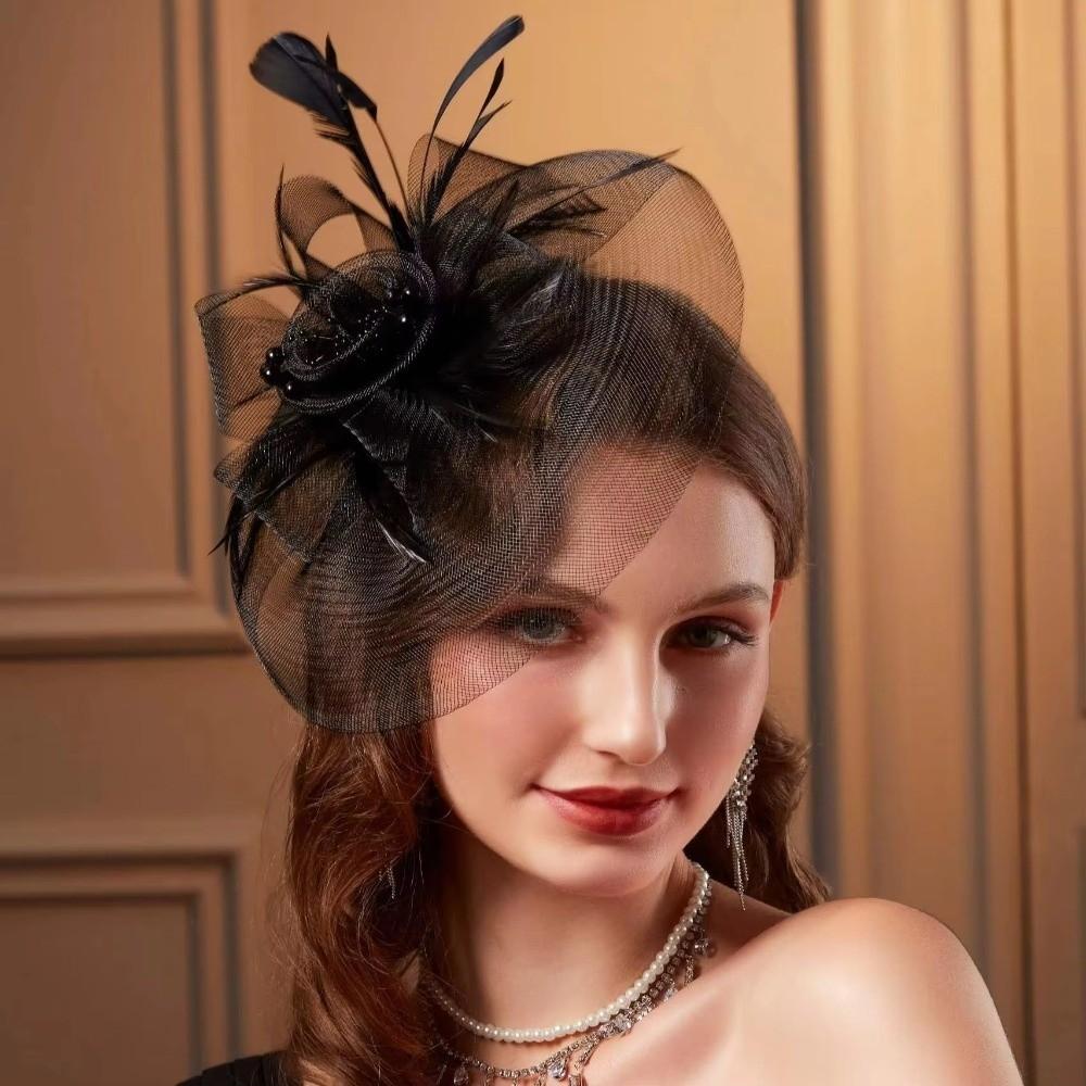 Luxury Small Top Hat Headband Elegant Wedding Head Hoop Feathers Mesh Headband  Stage Performance