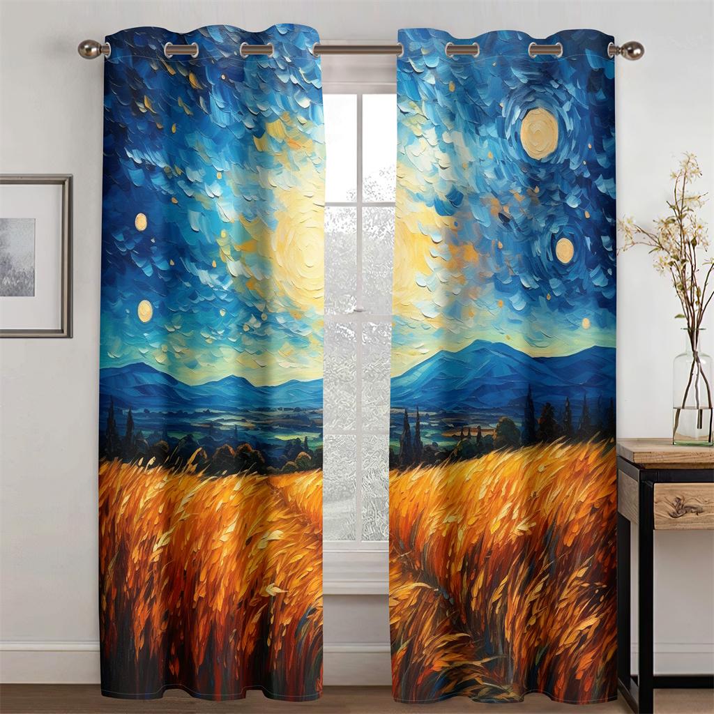 Pastoral Life Landscape Decorative Curtains Oil Painting Style 2 Piece Set Living Room Bedroom Office Window Decorative Curtains