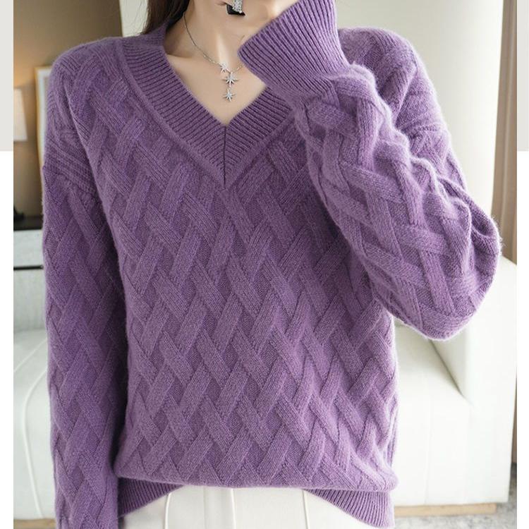 V-neck Sweater Women's Autumn and Winter Sweater Long-sleeved Pullover Loose Solid Color Jacquard Knitted Sweater Top