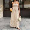 Women Striped Maxi Dress Sleeveless Spaghetti Strap Backless Waist Cinched Casual Summer Dress for Vacation Beachwear