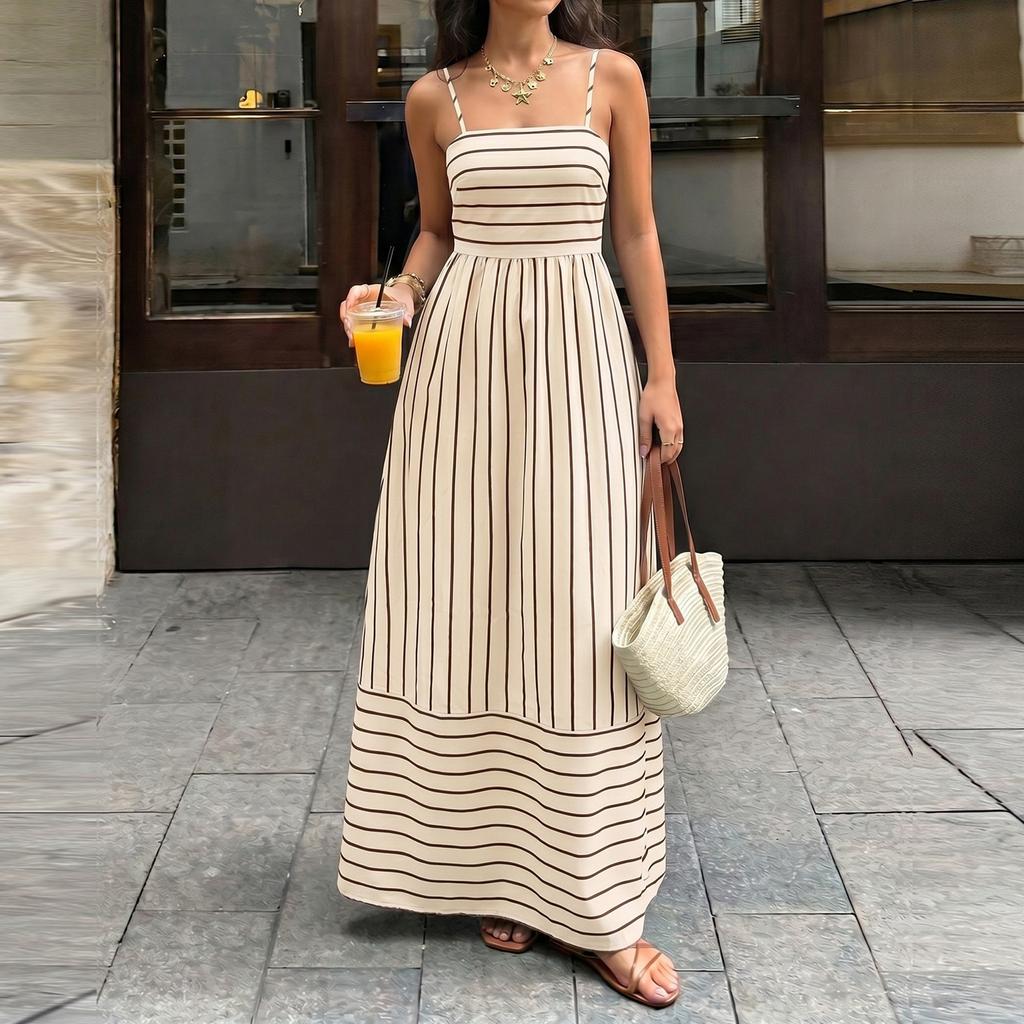 Women Striped Maxi Dress Sleeveless Spaghetti Strap Backless Waist Cinched Casual Summer Dress for Vacation Beachwear