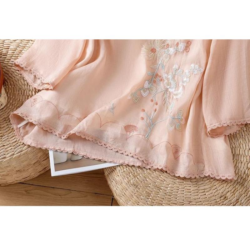 Women's Green Linen Blouse Chinese Style Frog Button Floral Embroidery 3/4 Sleeve Casual Top